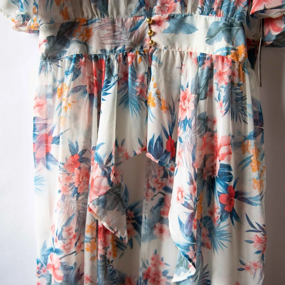 Liberty Love Coverup Kimono Sheer High Low Ruffle Tropical